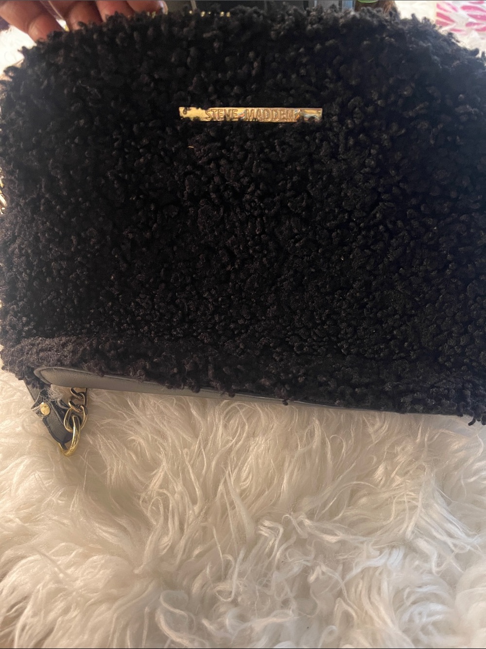 Steve Madden Black Faux-Shearling Crossbody with Gold Accent
